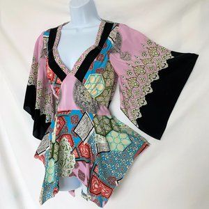 Multi-color Asian Style 100% Silk Blouse, Size S